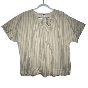 Melrose Market Striped Tie Neck Short Sleeve Casual Blouse Top Women's Medium